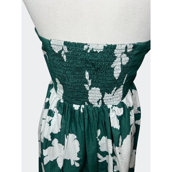 Cynthia Rowley Green & White Floral Strapless Midi Dress Elastic Smocked Back 14 - Picture 8 of 13